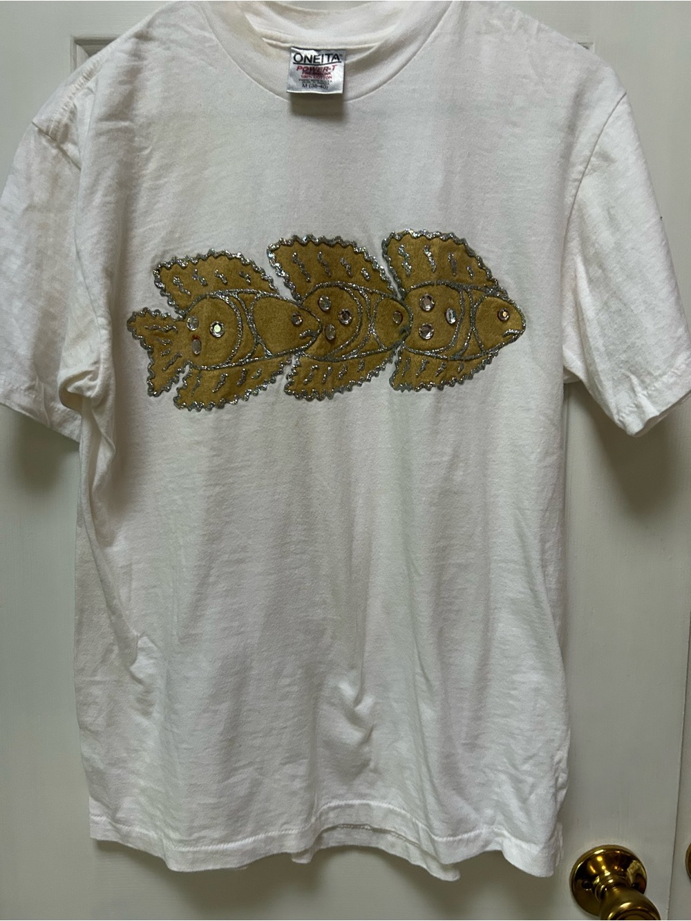 White Tee with painted Gold Fish Graphic, rhinestones (medium)